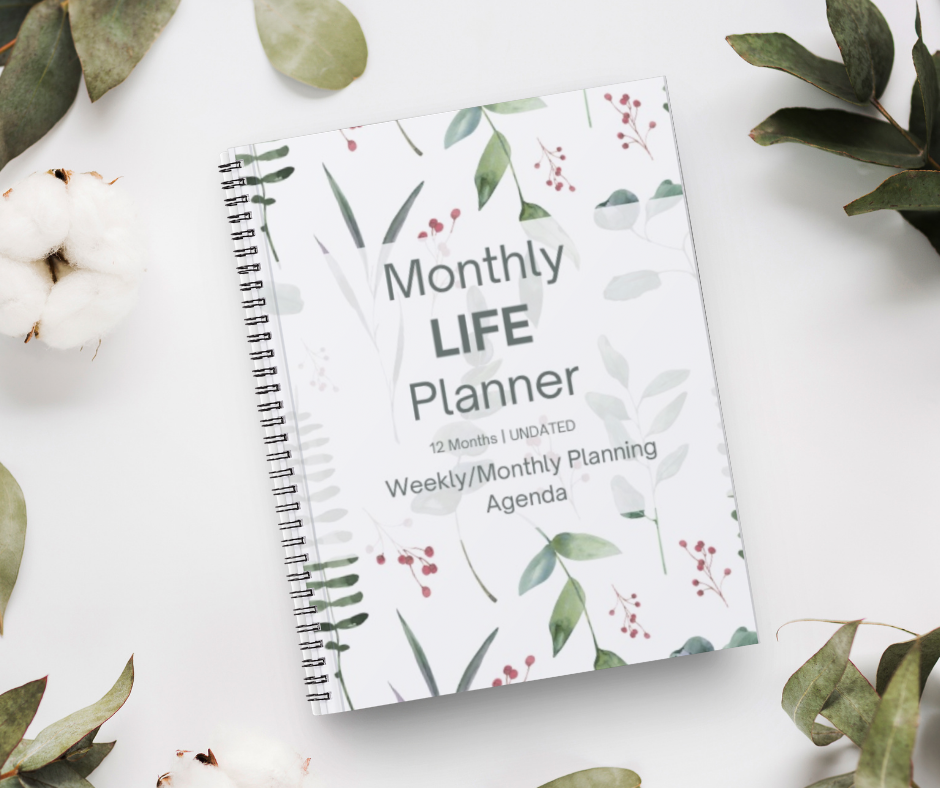 Monthly LIFE Planner - Undated Green Floral - 12 Month  Weekly Planner | 7x10 Coil Bound